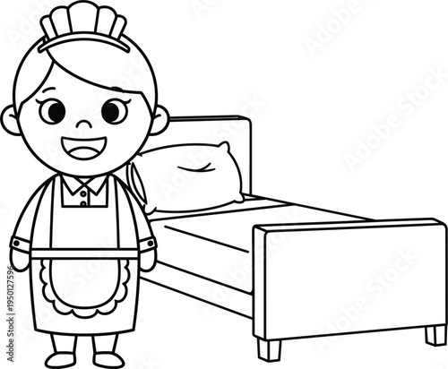 Housekeeper Maid Character Standing Near Bed Line Art Illustration with Hotel Cleaning Staff, Housekeeping Service and Hospitality Worker Concept