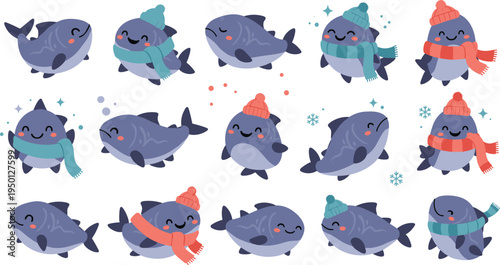 Cute Cartoon Fish with Winter Scarves, Hats, and Snowflakes for Seasonal, Holiday, and Winter Designs