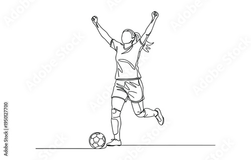 Continuous single one line art drawing of football soccer player woman celebrating victory success goal on competition.