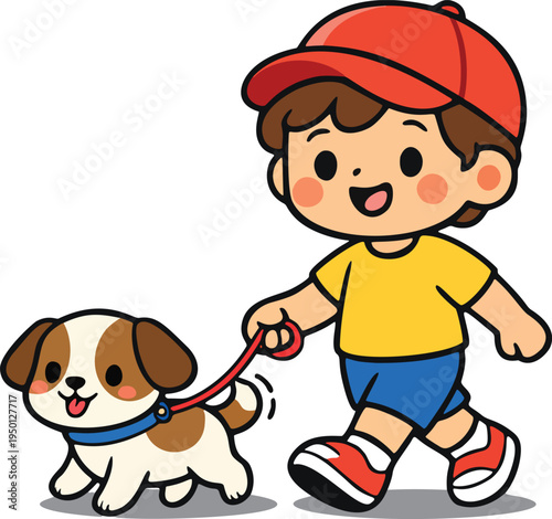 Cute kawaii style cartoon illustration of a little boy walking his dog on a leash. Simple flat vector design with bold outlines and bright colors.