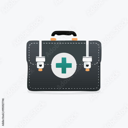 Vector illustration of a dark gray medical kit or first aid box with a green cross symbol, symbolizing essential emergency healthcare, safety, and preparedness for various health situations