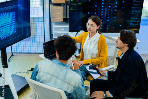 Diverse creative team of programmer or Software engineer collaborating develop Ai agentic project.Concept of transformation,Coding team,ai agentic workflows,develop Ai Assistant,business brainstorming