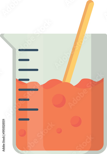 A beaker with a vibrant liquid and a stick, used for mixing substances in a lab setting.