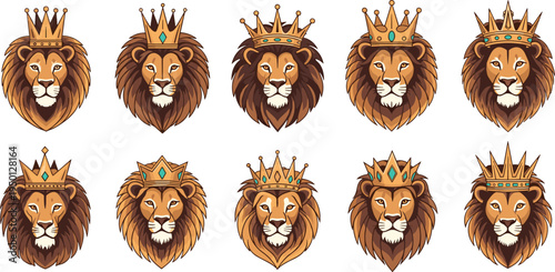 Lion head with royal crown collection king animal emblem heraldic mascot flat vector illustration set