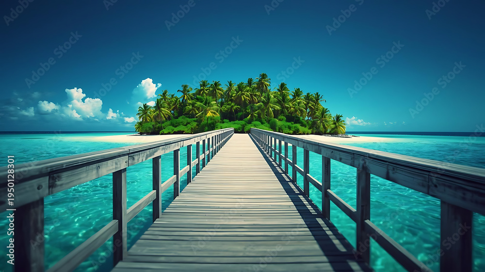 Obraz premium Serene tropical island getaway with wooden pier to paradise