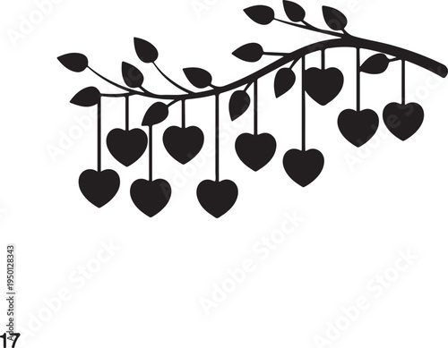 Decorative branch adorned with hanging heart-shaped ornaments and leaves. isolated on white background, Vector