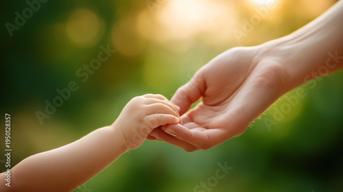 Close-up of a mother's and child's hands reaching toward a small object together, defocused warm natural background, mother child hands, receiving together, family connection, parent child bond,