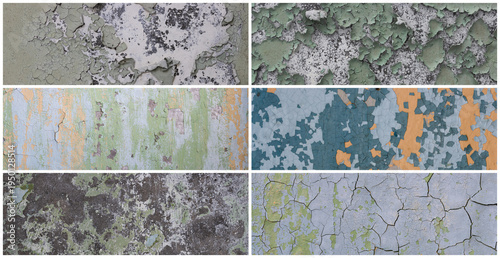 Set of peeling paint textures. Old concrete walls with cracked flaking paint. Weathered rough painted surfaces with patterns of cracks and peeling. Collection of panoramic backgrounds for design.