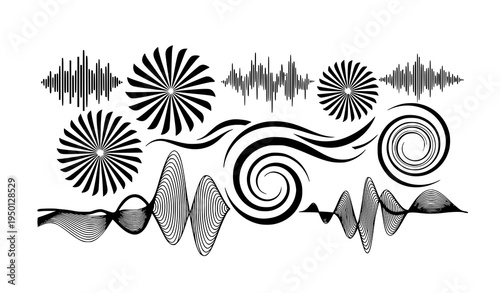 Abstract Meditative Sound Waves Vector Set Flowing Energy Silhouette