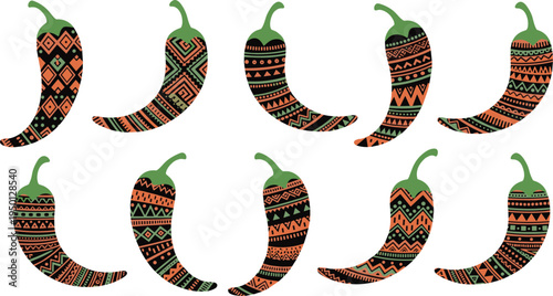 Decorative chili peppers with ethnic pattern ornament spicy food design collection flat vector illustration set