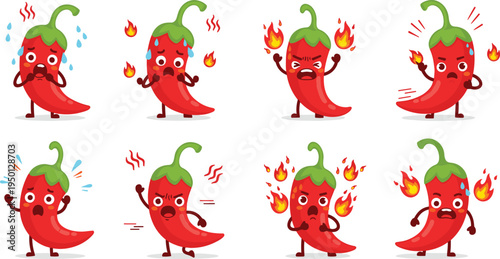 Cute spicy chili pepper cartoon characters with hot emotions fire flames funny food mascot flat vector illustration set