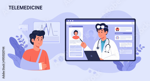 Telemedicine consultation showing a doctor on a computer screen interacting with a patient wearing an arm sling, illustrating remote healthcare services.