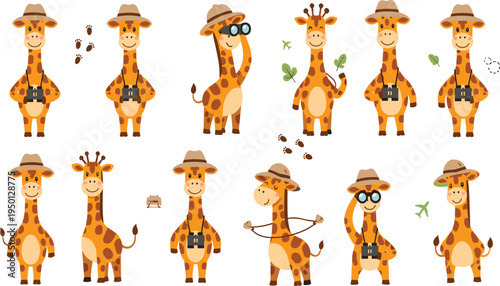 Cute safari giraffe explorer characters with hat binoculars cartoon wildlife animal mascot collection flat vector illustration set