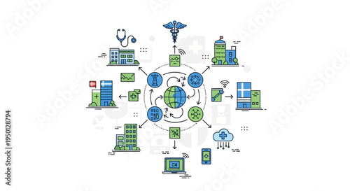 Illustration of a global healthcare network connecting hospitals, clinics, and digital health services through interconnected technology and data.