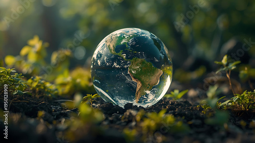 Wallpaper Mural Glass globe representing Earth surrounded by lush greenery in forest Torontodigital.ca
