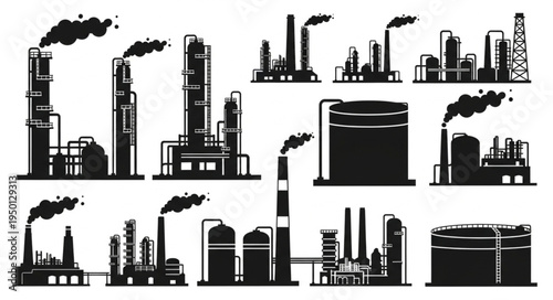Silhouetted Industrial Plants and Factories with Smoke Stacks.