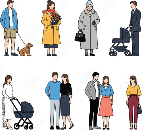 People Characters Collection with Different Life Stages and Daily Activities Including Couple, Mother with Baby Stroller, Elderly Woman, Dog Owner and Businessman