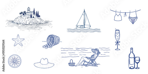 Hand-drawn Mediterranean Summer Lifestyle Illustration Set - Nautical Elements, Beach Relaxation, and Coastal Vacation Icons in Blue Line Art