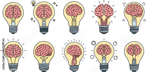 Brain inside light bulb concept icons creativity intelligence thinking innovation idea flat vector illustration set