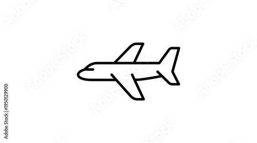 Minimalist black-and-white outline of airplane in side view with wings, tail, and fuselage, symbolizing aviation, air travel, transportation, and flight in modern travel and educational contexts.