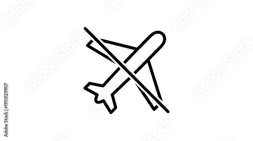 Minimalist black outline airplane crossed by diagonal line, symbolizing “no flying,” restricted airspace, or prohibition of aircraft in designated zones, used for safety, regulation, and policy enforc