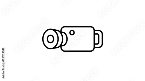 Minimalist black-and-white line drawing of a vintage film camera with reels, lens, and viewfinder, symbolizing filmmaking, video recording, cinema, and media production in creative industries.