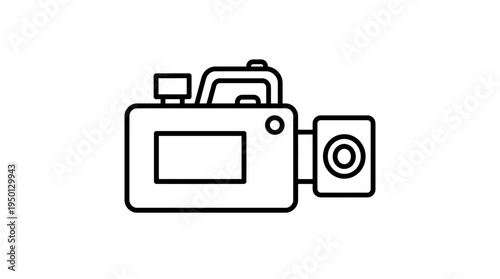 Minimalist black-and-white line drawing of a vintage film camera with reels, lens, and viewfinder, symbolizing filmmaking, video recording, cinema, and media production in creative industries.
