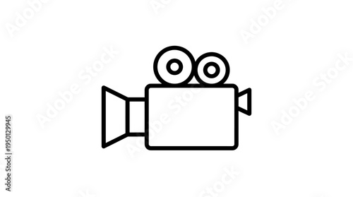 Minimalist black-and-white line drawing of a vintage film camera with reels, lens, and viewfinder, symbolizing filmmaking, video recording, cinema, and media production in creative industries.