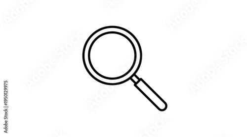 Minimalist black-and-white magnifying glass icon with circular lens and straight handle, symbolizing search, inspection, investigation, and discovery in digital interfaces and modern design.