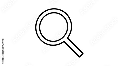 Minimalist black-and-white magnifying glass icon with circular lens and straight handle, symbolizing search, inspection, investigation, and discovery in digital interfaces and modern design.