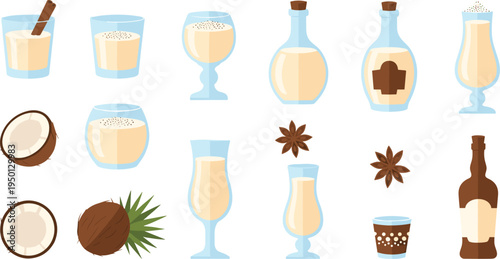 Coconut drink and tropical beverage collection with glasses bottles spices and ingredients flat vector illustration set