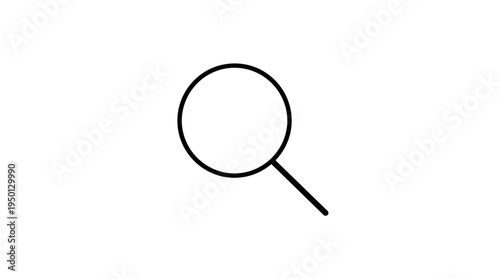 Minimalist black-and-white magnifying glass icon with circular lens and straight handle, symbolizing search, inspection, investigation, and discovery in digital interfaces and modern design.