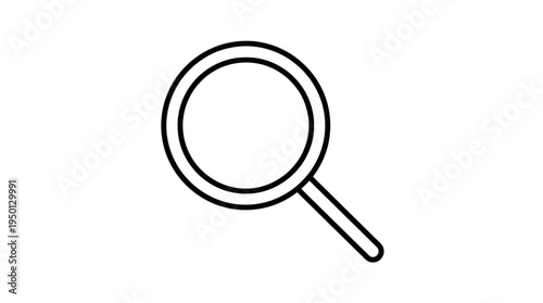 Minimalist black-and-white magnifying glass icon with circular lens and straight handle, symbolizing search, inspection, investigation, and discovery in digital interfaces and modern design.