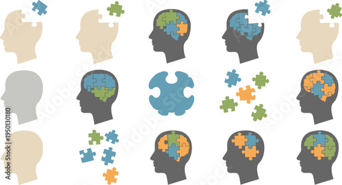 Human head silhouettes with brain puzzle pieces mental health psychology concept flat vector illustration icon set