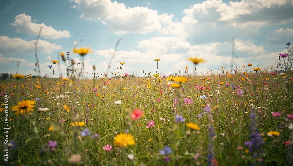 Fototapeta premium Showing wildflower meadow in open countryside, with yellow, pink, purple blooms and clouds