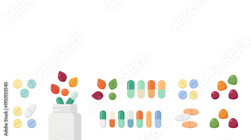 colorful health supplement and vitamin assortment with capsule pill and natural element