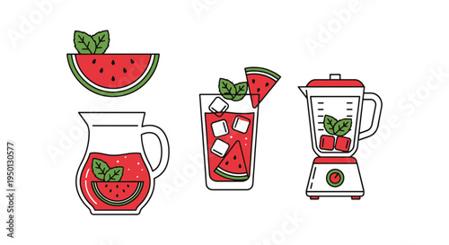 Watermelon Mint Juice Line art modern blended abstract color vector
