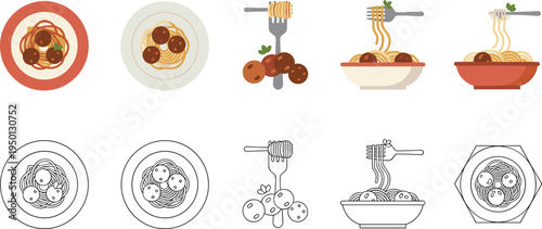 Spaghetti pasta with meatballs collection Italian food plates bowls and fork flat vector illustration set