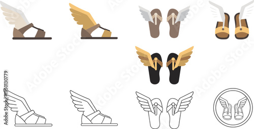 Winged sandals mythological footwear icon set inspired by Hermes Mercury flying shoes flat vector illustration collection