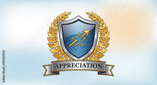Golden laurel wreath shield with appreciation banner and star symbol on blue background