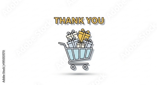 Shopping cart filled with gifts and products thank you message e commerce concept colorful illustration