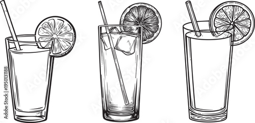 elegant black and white outline drawing of a refreshing juice glass, ready for beverage and breakfast branding