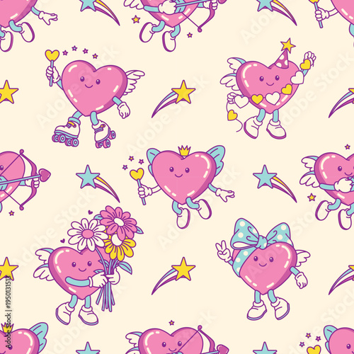 Фотография Seamless pattern with funny heart characters