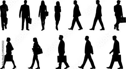 Business people silhouette set men women walking with briefcase office professionals corporate lifestyle black vector illustration collection