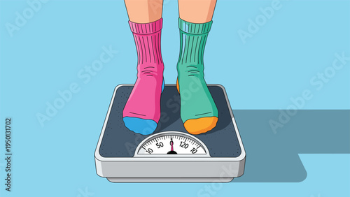 Person wearing mismatched pink and green socks standing on a mechanical bathroom scale to check their weight on a blue background.