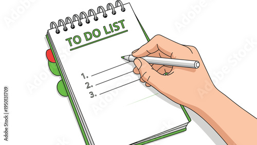 Human hand writing on a spiral notebook with a green to do list title and numbered lines for organizing tasks and planning.