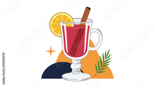 Warm glass of mulled wine or spiced cider decorated with a fresh orange slice and a cinnamon stick for a cozy winter beverage.