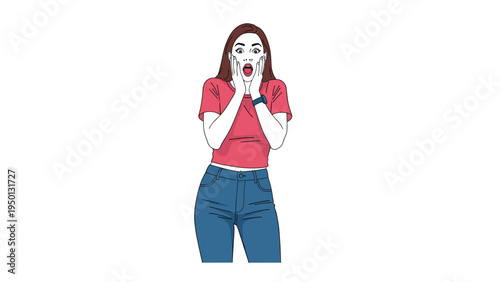 Young woman in a red shirt and blue jeans showing a very surprised or shocked facial expression with her hands on her cheeks.