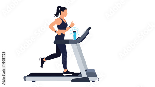 Active woman with a ponytail running on a treadmill in a fitness gym while a blue water bottle is placed on the side console.