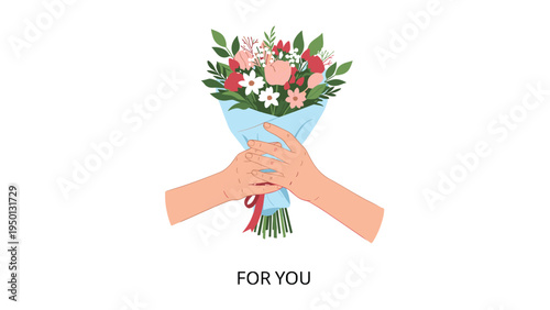 Pair of hands holding a beautiful bouquet of spring flowers wrapped in blue paper with the caption for you below.